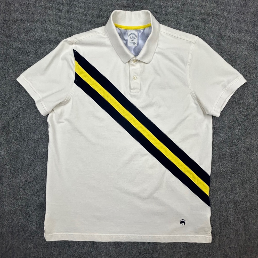 Brooks Brothers Polo Shirt Mens XL White Diagonal Stripe Slim Fit Preppy Rugby